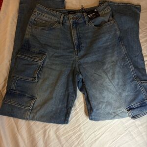 NWT Express Light Blue High Rise Relaxed Straight Leg Stretch CargoJeans Size 6R
